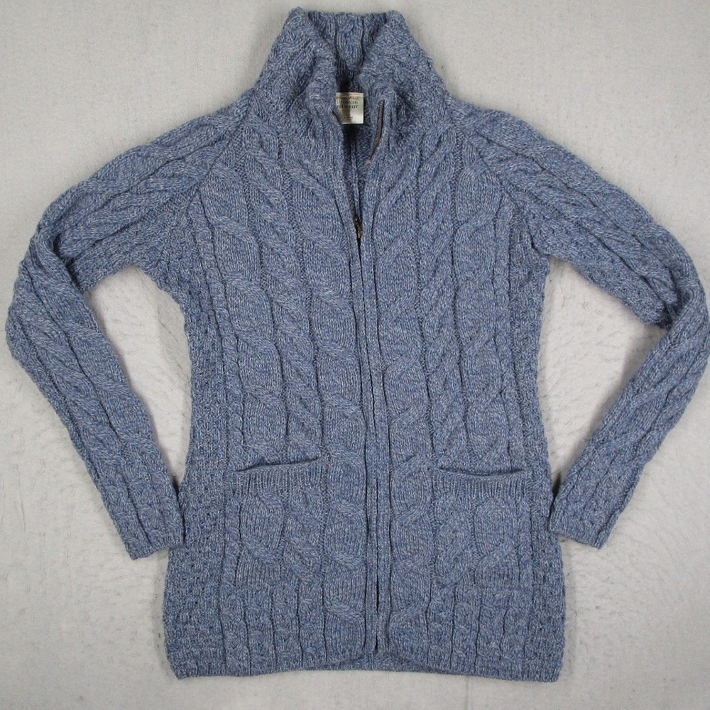 Kilronan Knitwear Merino Wool Full Zip Cardigan Sweater Blue Irish Cable Knit M